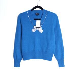 KATE SPADE NWT Bow Embellished V Neck Sweater Bright Cerulean Women's S